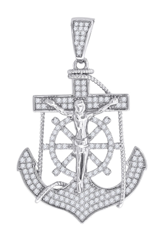 925 Sterling Silver Mens Cubic Zirconia Religious Anchor Crucifix Charm Pendant
