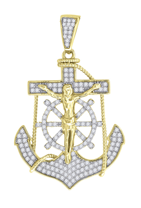 925 Sterling Silver Yellow-tone Mens Cubic Zirconia Religious Anchor Crucifix Charm Pendant
