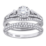 925 Sterling Silver Womens Cubic Zirconia Halo Bridal Trio Set Ring Size 9