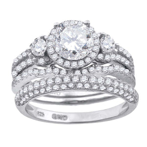 925 Sterling Silver Womens Cubic Zirconia Halo Bridal Trio Set Ring Size 6