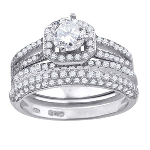 925 Sterling Silver Womens Cubic Zirconia Halo Bridal Trio Set Ring Size 6