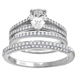 925 Sterling Silver Womens Cubic Zirconia Pear Bridal Trio Set Ring Size 7