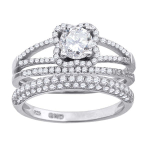 925 Sterling Silver Womens Cubic Zirconia Floral Halo Bridal Trio Set Ring Size 6