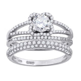 925 Sterling Silver Womens Cubic Zirconia Floral Halo Bridal Trio Set Ring Size 6
