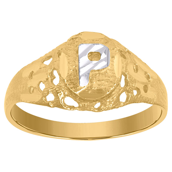 10kt Two-tone Gold Mens Diamond-cut Textured Oval Initial Letter P Band Ring