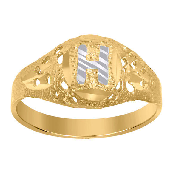 10kt Two-tone Gold Mens Diamond-cut Textured Oval Initial Letter H Band Ring