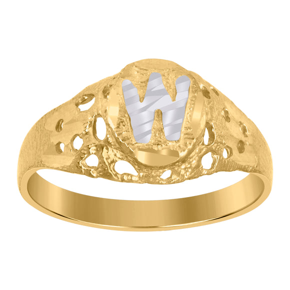 10kt Two-tone Gold Mens Diamond-cut Textured Oval Initial Letter W Band Ring