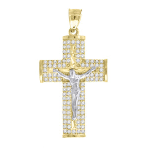 10kt Gold Two-tone Cubic-zirconia Mens Cross Crucifix Ht:36.6mm x W:19.5mm Religious Charm Pendant