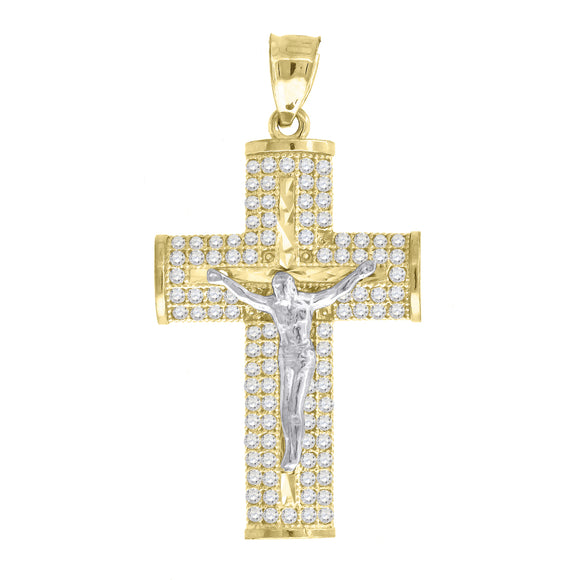 10kt Gold Two-tone Cubic-zirconia Mens Cross Crucifix Ht:36.6mm x W:19.5mm Religious Charm Pendant