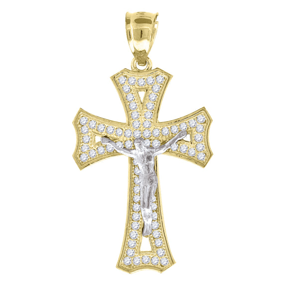 10kt Gold Two-tone Cubic-zirconia Mens Cross Crucifix Ht:37.7mm x W:20.3mm Religious Charm Pendant