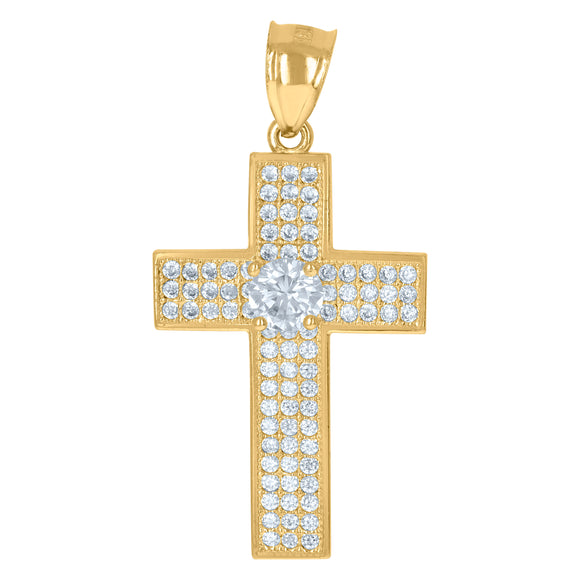 10kt Gold Two-tone Cubic-zirconia Mens Cross Ht:34.5mm x W:18.7mm Religious Charm Pendant