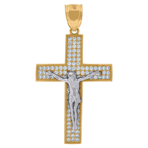 10kt Gold Two-tone Cubic-zirconia Mens Cross Crucifix Ht:43.4mm x W:23.6mm Religious Charm Pendant