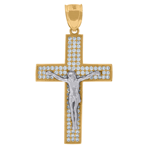 10kt Gold Two-tone Cubic-zirconia Mens Cross Crucifix Ht:43.4mm x W:23.6mm Religious Charm Pendant