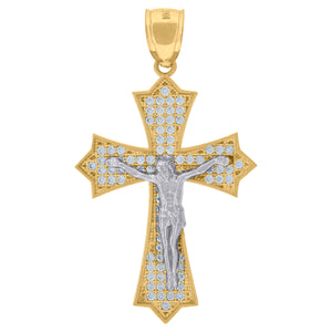10kt Two-tone Gold Unisex Cubic Zirconia Cubic-zirconia Crucifix Cross Religious Charm Pendant