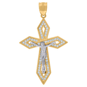 10kt Gold Two-tone Cubic-zirconia Mens Cross Crucifix Ht:47.1mm x W:26.6mm Religious Charm Pendant