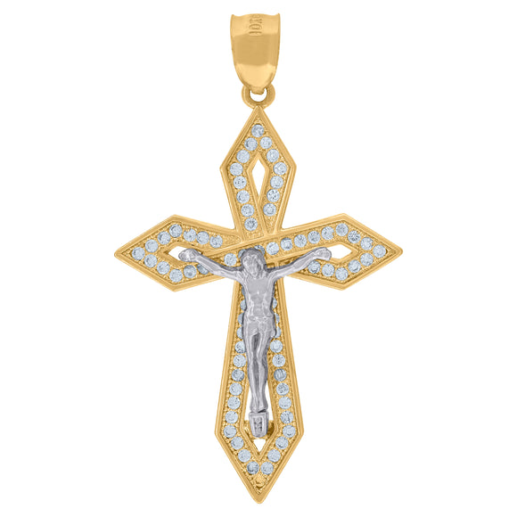 10kt Gold Two-tone Cubic-zirconia Mens Cross Crucifix Ht:47.1mm x W:26.6mm Religious Charm Pendant