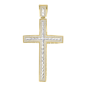 10kt Gold Two-tone Cubic-zirconia Diamond-cut Mens Cross Ht:74.5mm x W:38.8mm Religious Charm Pendant