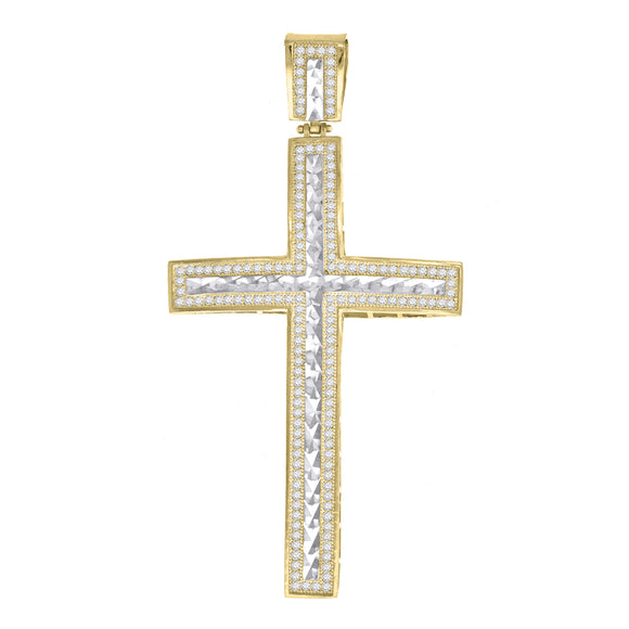 10kt Gold Two-tone Cubic-zirconia Diamond-cut Mens Cross Ht:74.5mm x W:38.8mm Religious Charm Pendant