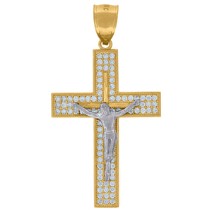 10kt Gold Two-tone Cubic-zirconia Mens Cross Crucifix Ht:43.3mm x W:24mm Religious Charm Pendant