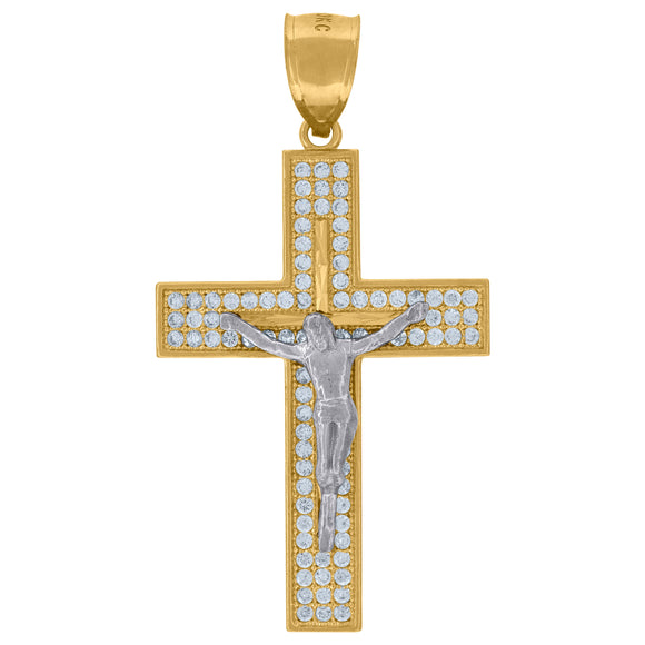 10kt Gold Two-tone Cubic-zirconia Mens Cross Crucifix Ht:43.3mm x W:24mm Religious Charm Pendant