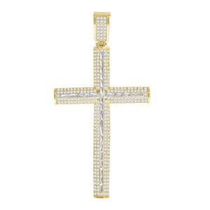10kt Gold Two-tone Cubic-zirconia Mens Cross Ht:74.2mm x W:38.5mm Religious Charm Pendant