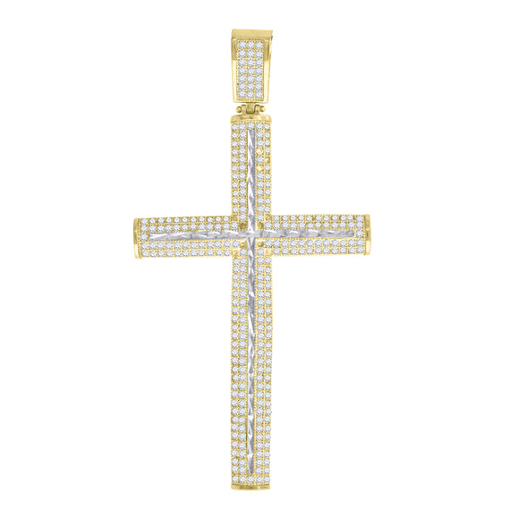 10kt Gold Two-tone Cubic-zirconia Mens Cross Ht:74.2mm x W:38.5mm Religious Charm Pendant