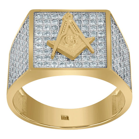 10kt Two-tone Gold Mens Cubic Zirconia Masonic Symbol Religious Square Ring