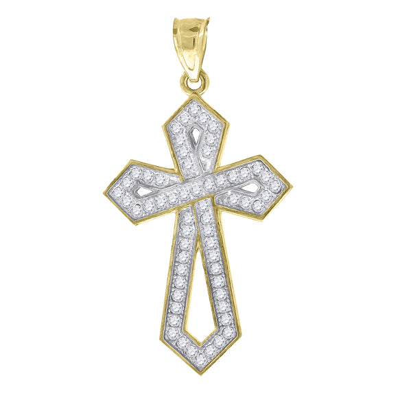 10kt Gold Two-tone Cubic-zirconia Mens Cross Ht:36mm x W:19.7mm Religious Charm Pendant