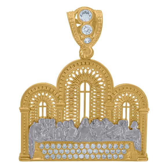 10KT Two-Tone Gold Mens Cubic Zirconia Last Supper Religious Charm Pendant