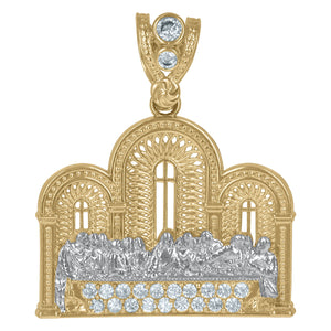 10KT Two-Tone Gold Mens Cubic Zirconia Last Supper Religious Charm Pendant