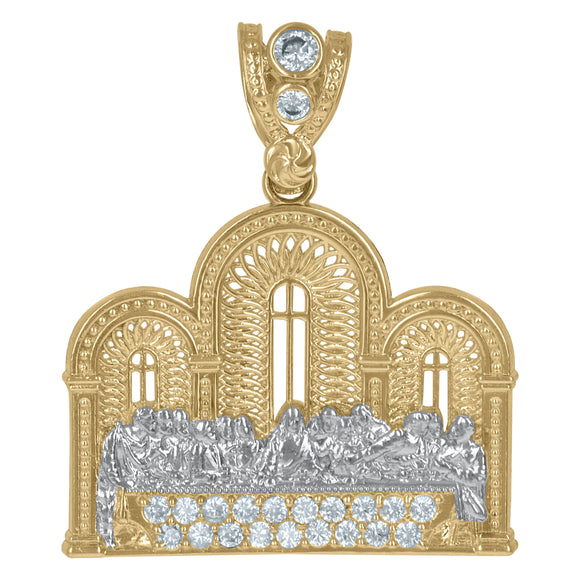 10KT Two-Tone Gold Mens Cubic Zirconia Last Supper Religious Charm Pendant