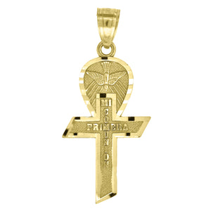 10kt Yellow Gold Diamond-cut Mens Ankh Cross Mi Primera Comunion Ht:31.5mm x W:13.6mm Religious Charm Pendant
