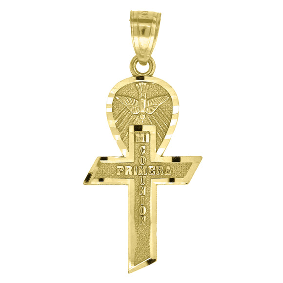 10kt Yellow Gold Diamond-cut Mens Ankh Cross Mi Primera Comunion Ht:31.5mm x W:13.6mm Religious Charm Pendant