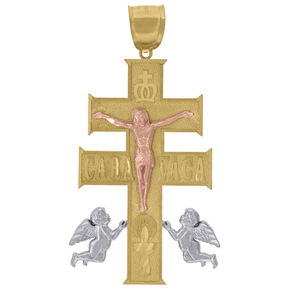 10kt Gold Tri-color Diamond-cut Mens Caravaca Cross Crucifix Angels Ht:68.9mm x W:36.8mm Religious Pendant