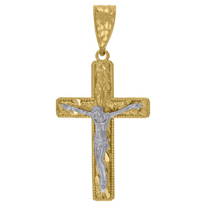 10kt Gold Two-tone Diamond-cut Mens Nugget Cross Crucifix Ht:55.5mm x W:27.1mm Religious Charm Pendant