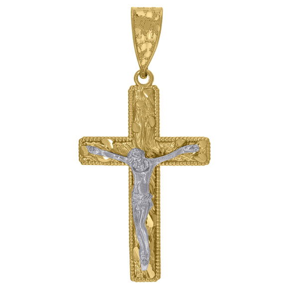 10kt Gold Two-tone Diamond-cut Mens Nugget Cross Crucifix Ht:55.5mm x W:27.1mm Religious Charm Pendant