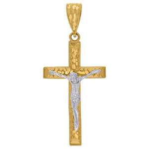 10kt Gold Two-tone Diamond-cut Mens Nugget Cross Crucifix Ht:34.4mm x W:24.8mm Religious Charm Pendant