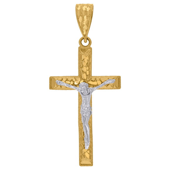 10kt Gold Two-tone Diamond-cut Mens Nugget Cross Crucifix Ht:34.4mm x W:24.8mm Religious Charm Pendant