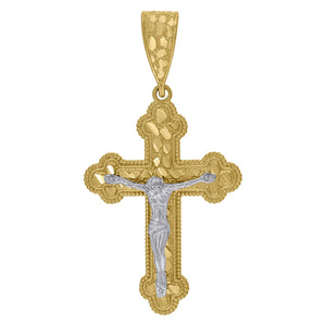 10kt Gold Two-tone Diamond-cut Mens Nugget Cross Crucifix Ht:51.6mm x W:27.7mm Religious Charm Pendant