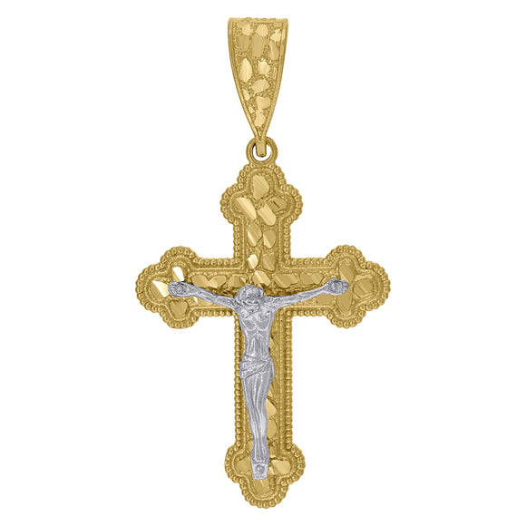 10kt Gold Two-tone Diamond-cut Mens Nugget Cross Crucifix Ht:51.6mm x W:27.7mm Religious Charm Pendant