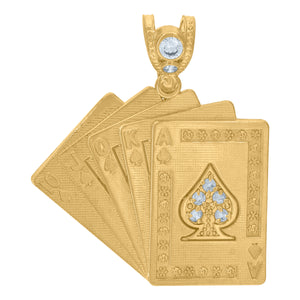 10KT Yellow Gold Mens Cubic Zirconia Playing Cards Royal Flush Charm Pendant