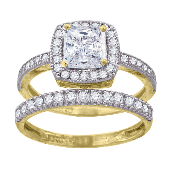 10kt Two-tone Gold Womens Princess-cut Cubic Zirconia Halo Bridal Ring Set