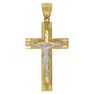 10kt Yellow Gold Two-tone Diamond-cut Mens Cross Crucifix Ht:55.6mm x W:27.3mm Religious Charm Pendant