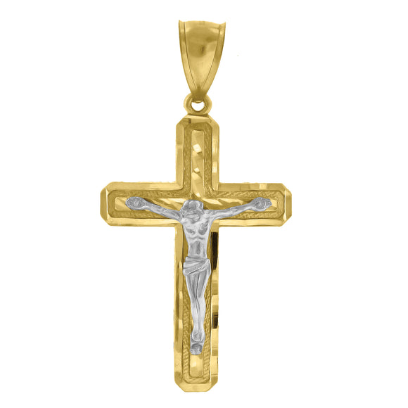 10kt Yellow Gold Two-tone Diamond-cut Mens Cross Crucifix Ht:48mm x W:25.5mm Religious Charm Pendant