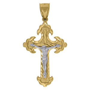 10kt Two-tone Gold Mens Women Diamond-cut Crucifix Cross Religious Charm Pendant