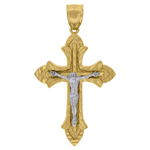 10kt Gold Two-tone Diamond-cut Mens Cross Crucifix Ht:55.7mm x W:32mm Religious Charm Pendant