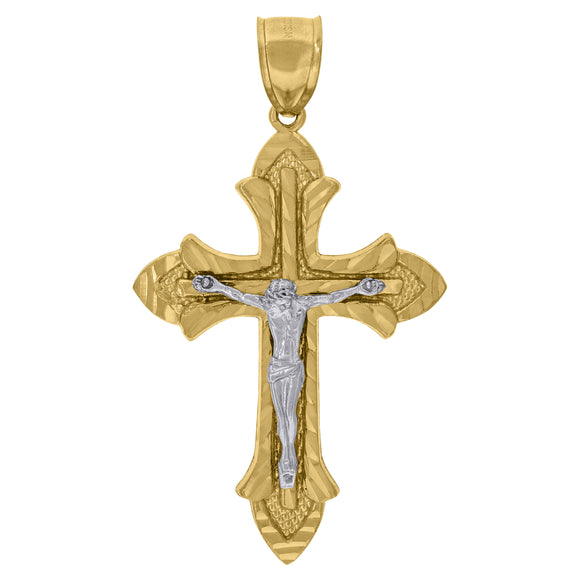 10kt Gold Two-tone Diamond-cut Mens Cross Crucifix Ht:55.7mm x W:32mm Religious Charm Pendant