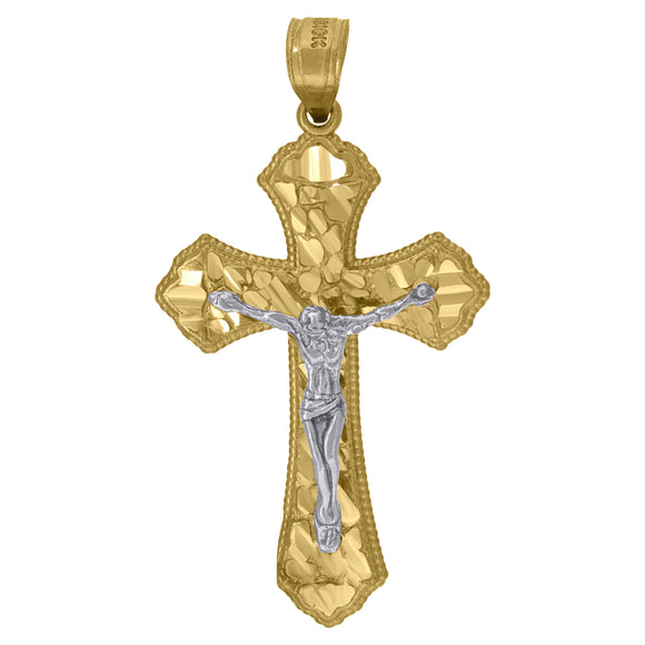 10kt Gold Two-tone Diamond-cut Mens Cross Crucifix Ht:39.7mm x W:21.5mm Religious Charm Pendant