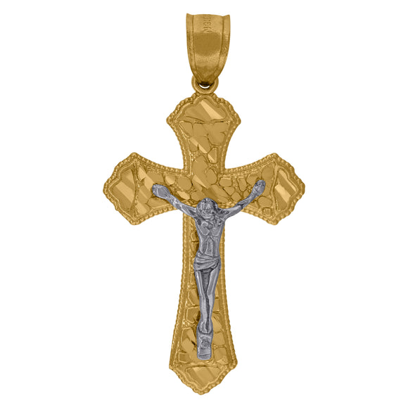 10kt Gold Two-tone Diamond-cut Mens Cross Crucifix Ht:40.7mm x W:21.2mm Religious Charm Pendant