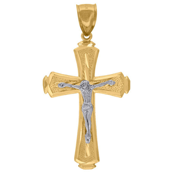 10kt Gold Two-tone Diamond-cut Mens Cross Crucifix Ht:54.8mm x W:29.1mm Religious Charm Pendant